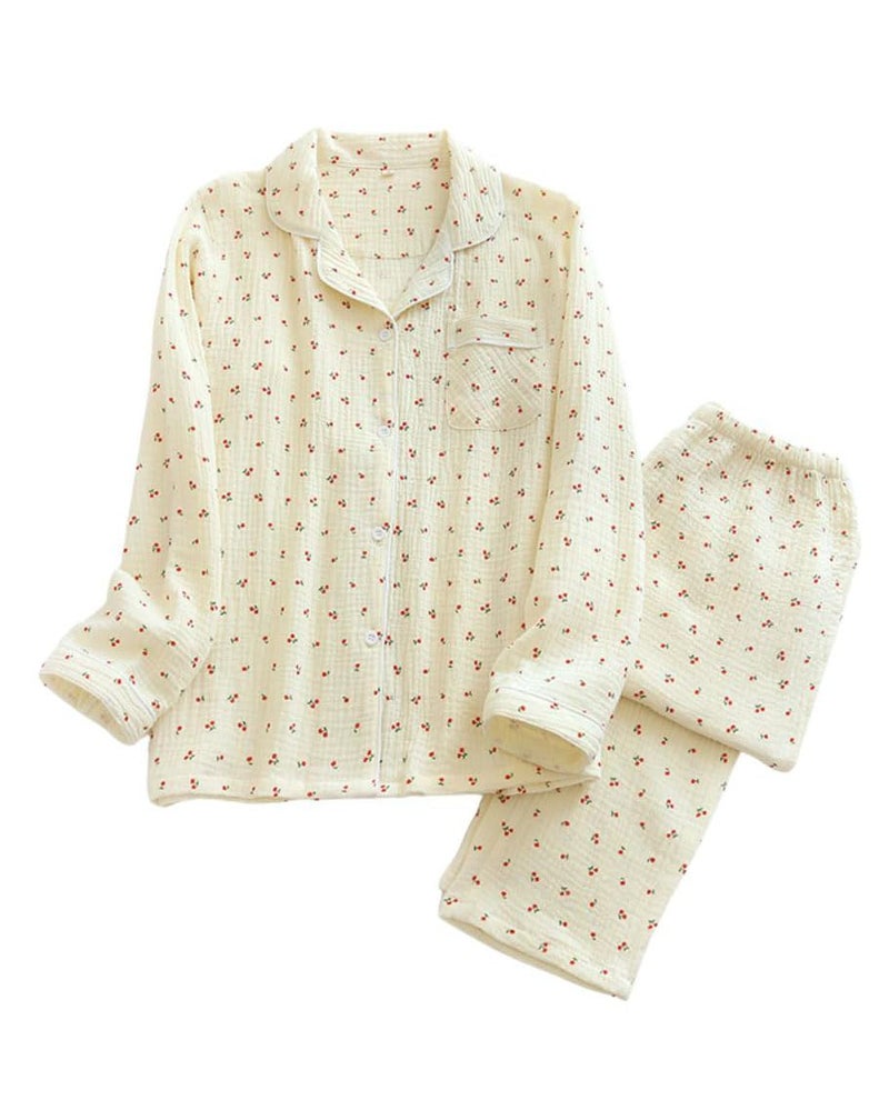 codcm Womens Cotton Gauze Pajama Set Long Sleeve Button Up Shirt and Pants 2 Piece Cute Printed Pj Set - Image 1