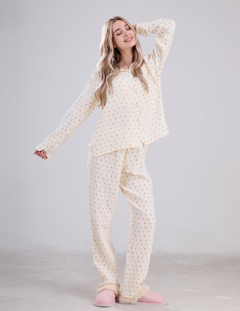codcm Womens Cotton Gauze Pajama Set Long Sleeve Button Up Shirt and Pants 2 Piece Cute Printed Pj Set - Image 3