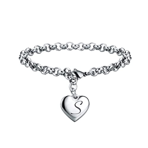 SANNYRA Charms Bracelets for Women, Heart Charm Initial Bracelet Trendy, S Letters Stainless Steel Bracelet Jewelry Confirmation Gifts for Christmas Birthday - Image 1