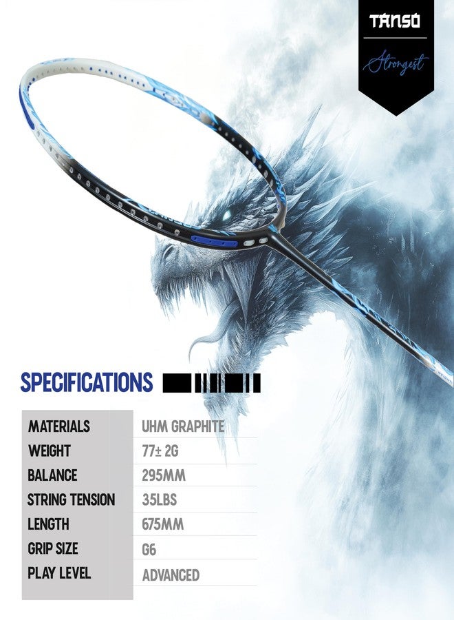 TANSO Black Ice Full Graphite Ultra Light Weight Carbon Fibre Strung Badminton Racket (35 Lbs Tension, 6.5mm ultra slim shaft, 77 Grams, Strung with premium strings and full racquet cover) (Defensive) - Image 2