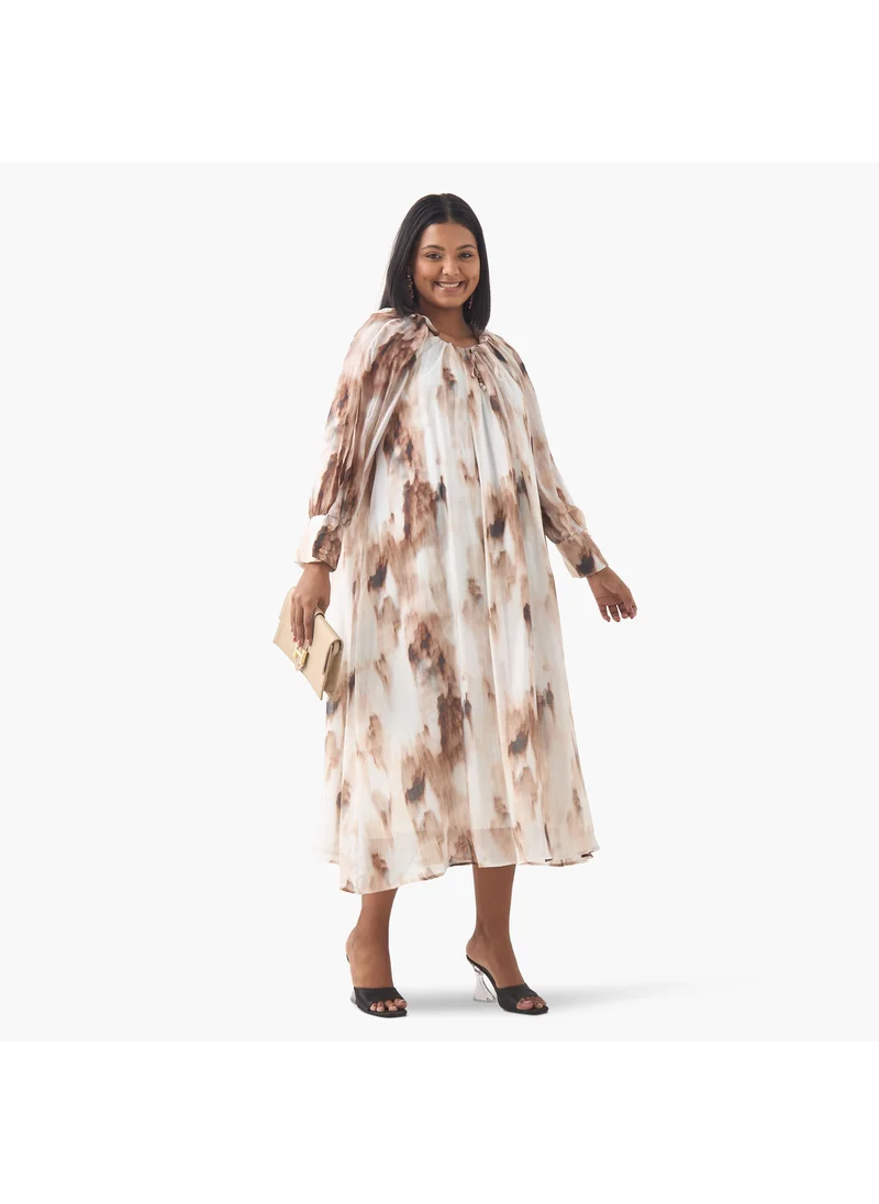  أولا بوبكن Plus Size Ulla Popken Printed Dress with Round Neck and Long Slit Sleeves