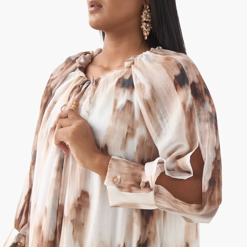 Ulla Popken Plus Size Ulla Popken Printed Dress with Round Neck and Long Slit Sleeves