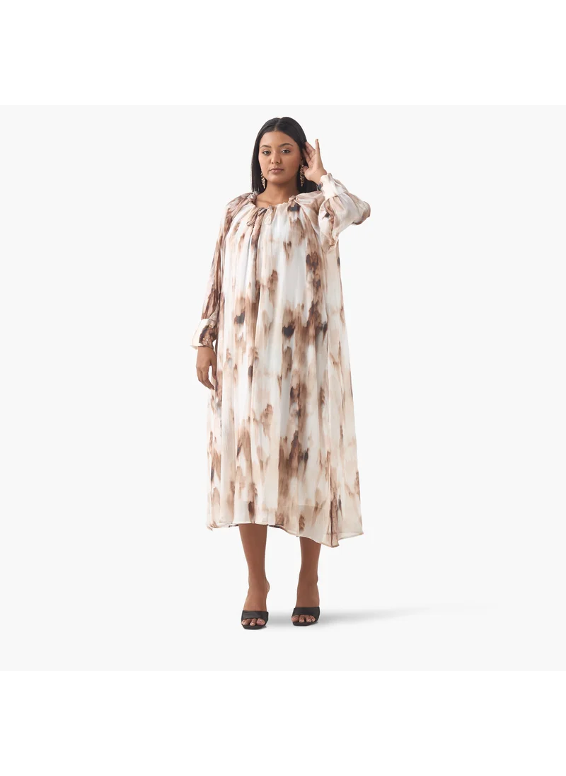  أولا بوبكن Plus Size Ulla Popken Printed Dress with Round Neck and Long Slit Sleeves