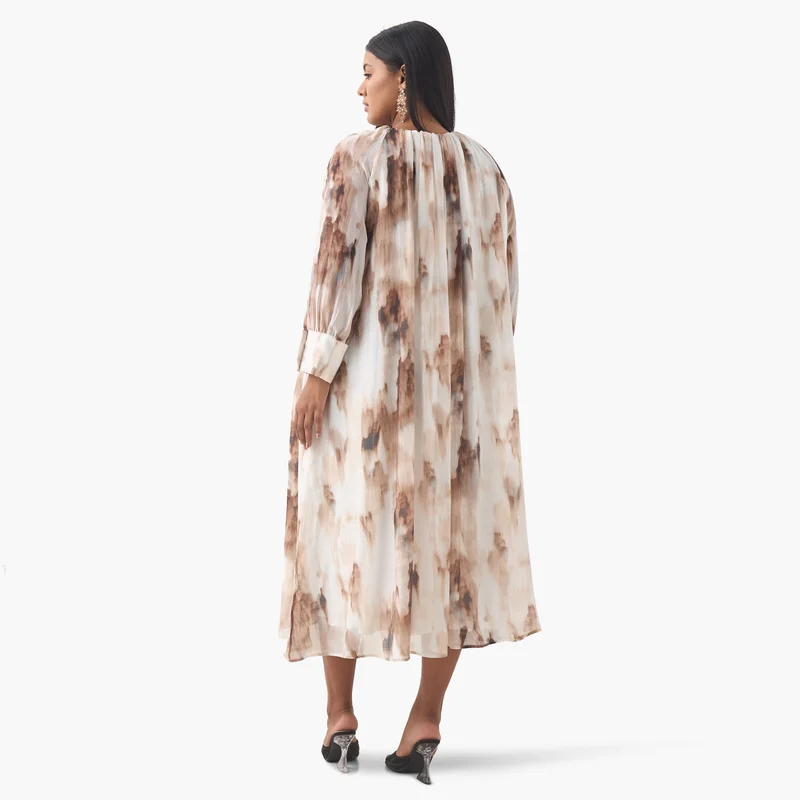 Ulla Popken Plus Size Ulla Popken Printed Dress with Round Neck and Long Slit Sleeves