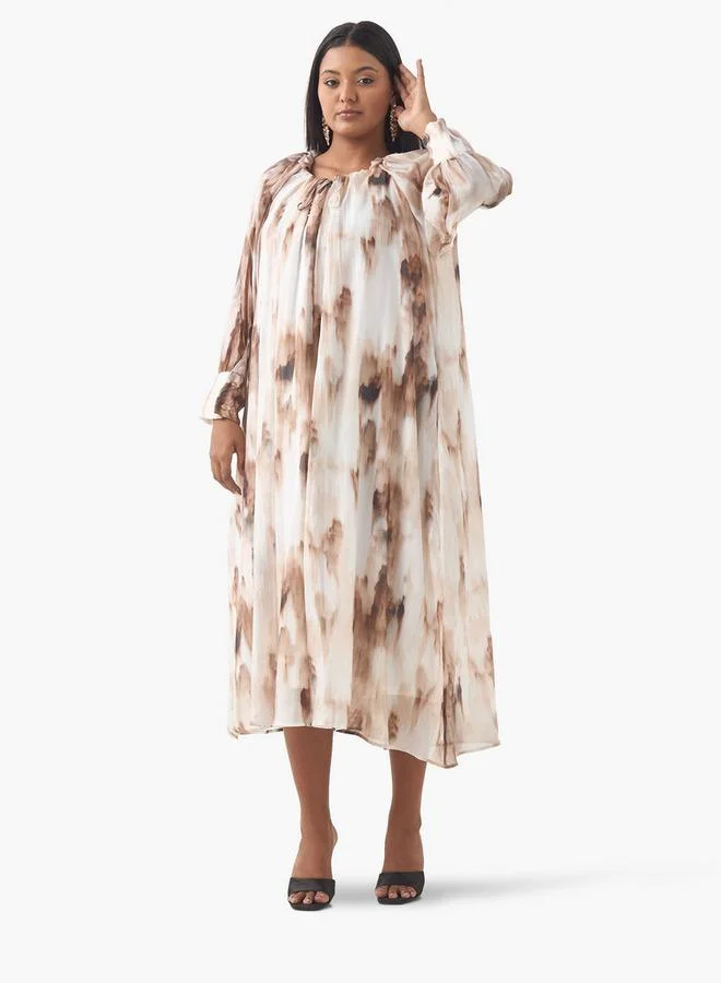 Ulla Popken Plus Size Ulla Popken Printed Dress with Round Neck and Long Slit Sleeves