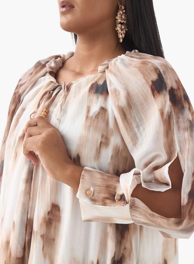  أولا بوبكن فستان مقاس كبير بطبعة من أولا بوبكن بياقة مستديرة وأكمام طويلة بفتحة - Image 4