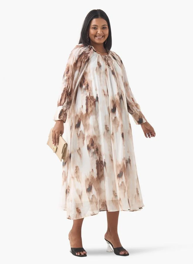 Ulla Popken Plus Size Ulla Popken Printed Dress with Round Neck and Long Slit Sleeves