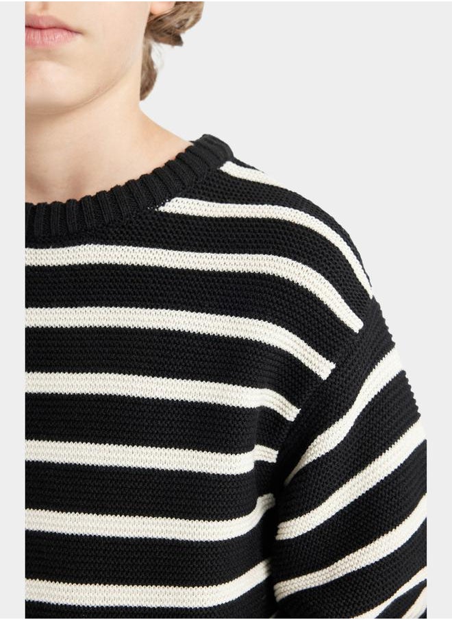 DeFacto - Regular Fit Crew Neck Striped Cotton Knit Sweater by Styli - Image 1