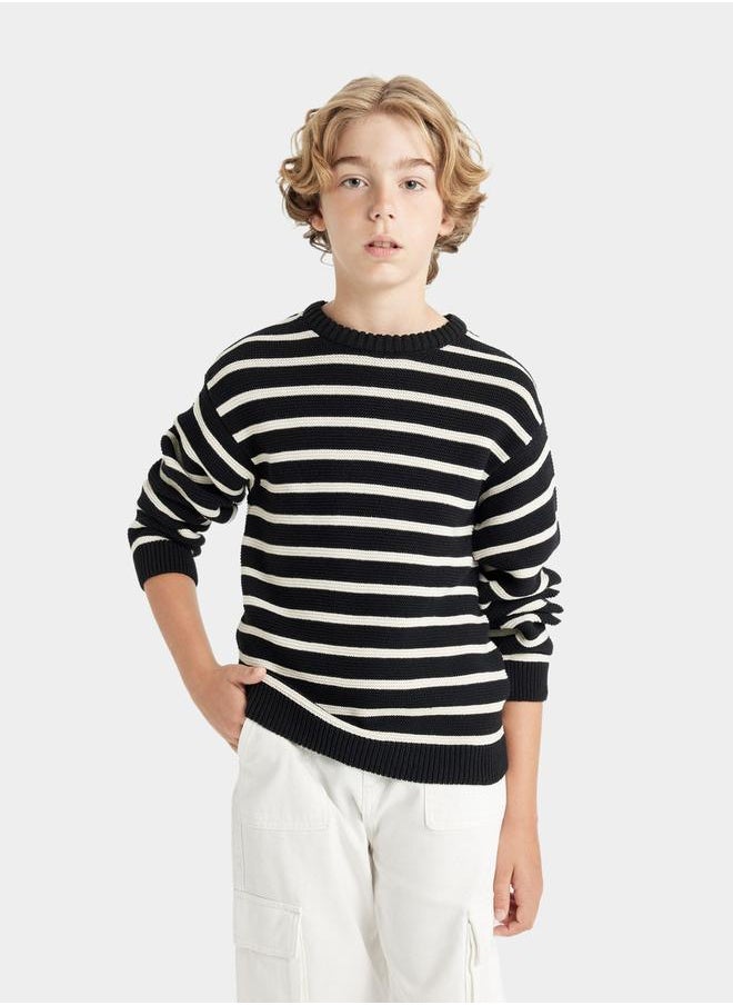 DeFacto - Regular Fit Crew Neck Striped Cotton Knit Sweater by Styli - Image 1