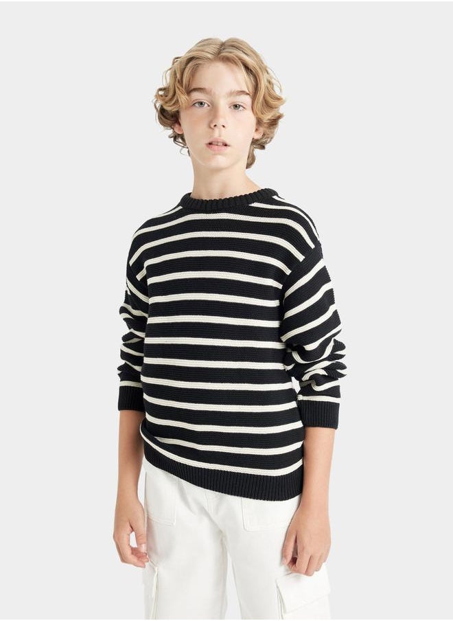 DeFacto - Regular Fit Crew Neck Striped Cotton Knit Sweater by Styli - Image 1