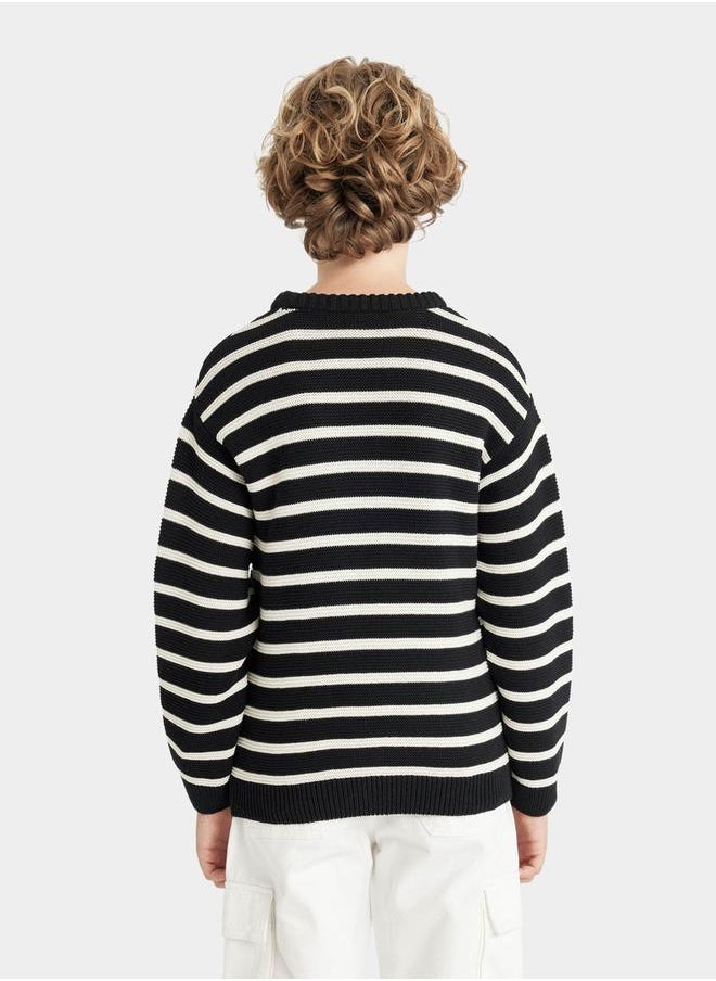 DeFacto - Regular Fit Crew Neck Striped Cotton Knit Sweater by Styli - Image 1