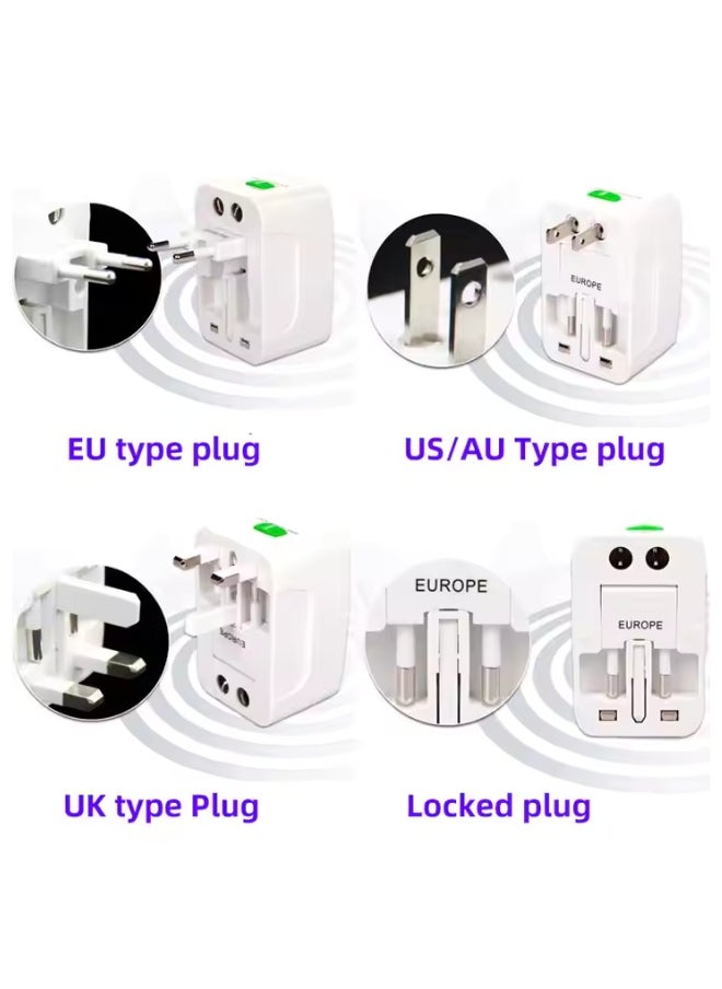 Outdoor.Market Universal Travel Adapter with 2 USB & 1 Type-C Port | All-in-One Global Plug for AE/EU/UK/US/AU | Compact Charger for iPhone, Samsung, Tablets – White  - Image 2