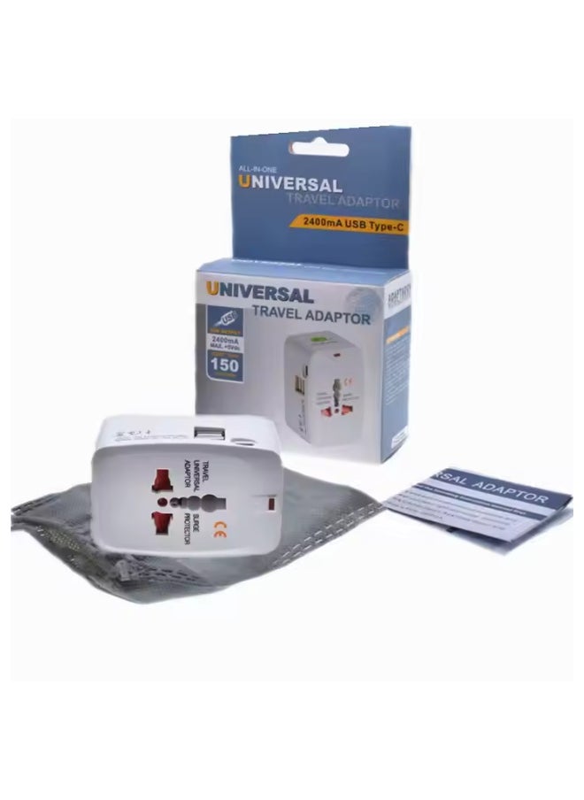 Outdoor.Market - Universal Travel Adapter with 2 USB & 1 Type-C Port | All-in-One Global Plug for AE/EU/UK/US/AU | Compact Charger for iPhone, Samsung, Tablets – White - Image 1