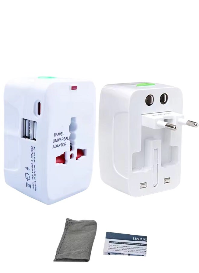 Outdoor.Market Universal Travel Adapter with 2 USB & 1 Type-C Port | All-in-One Global Plug for AE/EU/UK/US/AU | Compact Charger for iPhone, Samsung, Tablets – White  - Image 1