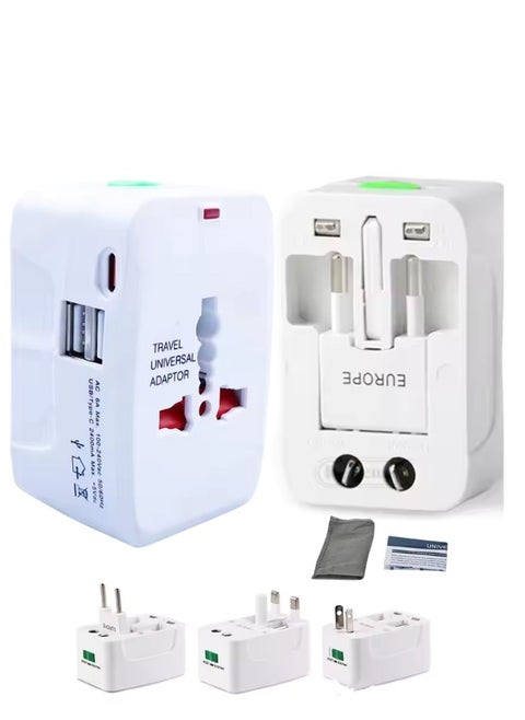 Universal Travel Adapter with 2 USB & 1 Type-C Port | All-in-One Global Plug for AE/EU/UK/US/AU | Compact Charger for iPhone, Samsung, Tablets – White