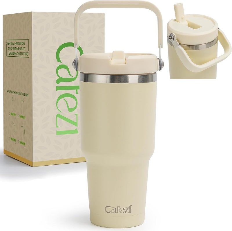 Cafezi 30 oz Tumbler with Handle, Vacuum Insulated Tumblers with Flip Straw and Top Handle, Reusable Insulated Cup for Home, Outdoors, Leakproof, Fits in Cup Holder, Cold for 30 Hours - Image 1