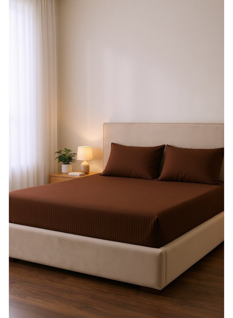 My Cotton 3-Piece Microfiber Super King Fitted Sheet Set – Chocolate Striped 200 x 200 cm with Full Elastic & 2 Pillowcases - Image 1