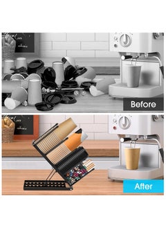 SYOSI Metal Cup and Lid Holder, Cup Dispenser Countertop, Cup and Lid Holder Metal 4 Compartment Coffee Condiment Storage for Bar Accessories, Disposable Paper Cups, Plastic Cups, Lids, Straws - Black  - Image 3