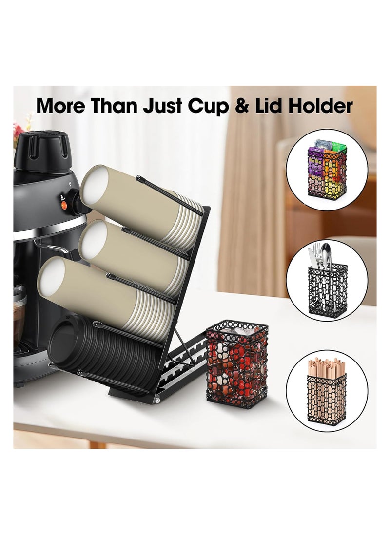 SYOSI - Metal Cup and Lid Holder, Cup Dispenser Countertop, Cup and Lid Holder Metal 4 Compartment Coffee Condiment Storage for Bar Accessories, Disposable Paper Cups, Plastic Cups, Lids, Straws - Black - Image 1