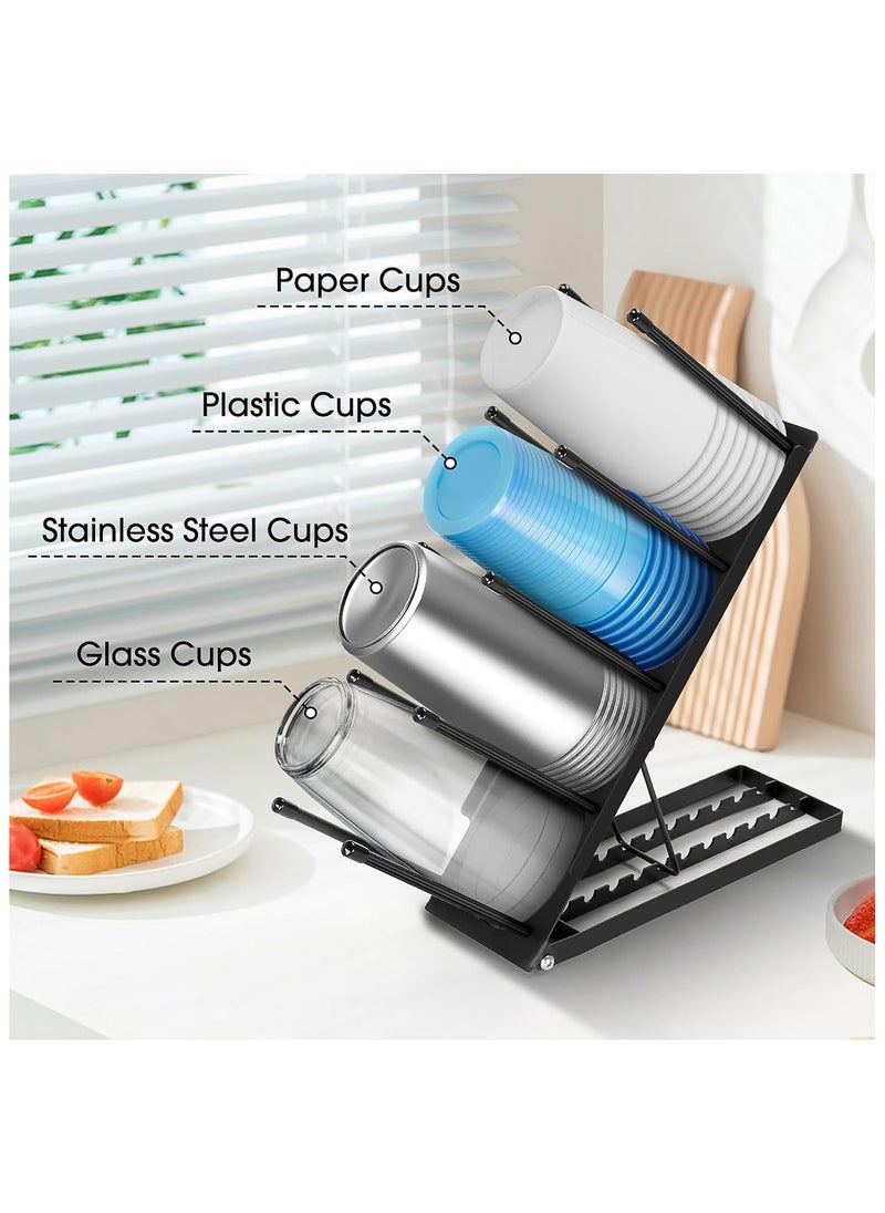 SYOSI - Metal Cup and Lid Holder, Cup Dispenser Countertop, Cup and Lid Holder Metal 4 Compartment Coffee Condiment Storage for Bar Accessories, Disposable Paper Cups, Plastic Cups, Lids, Straws - Black - Image 1