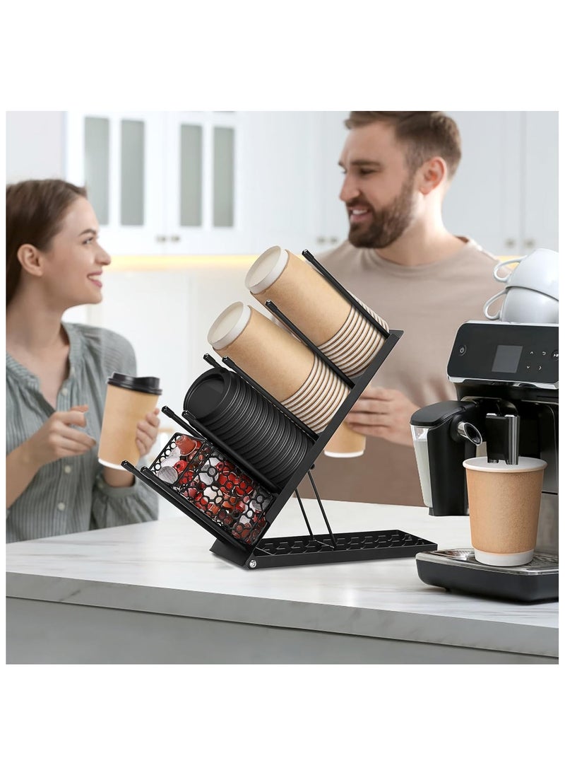 SYOSI - Metal Cup and Lid Holder, Cup Dispenser Countertop, Cup and Lid Holder Metal 4 Compartment Coffee Condiment Storage for Bar Accessories, Disposable Paper Cups, Plastic Cups, Lids, Straws - Black - Image 1