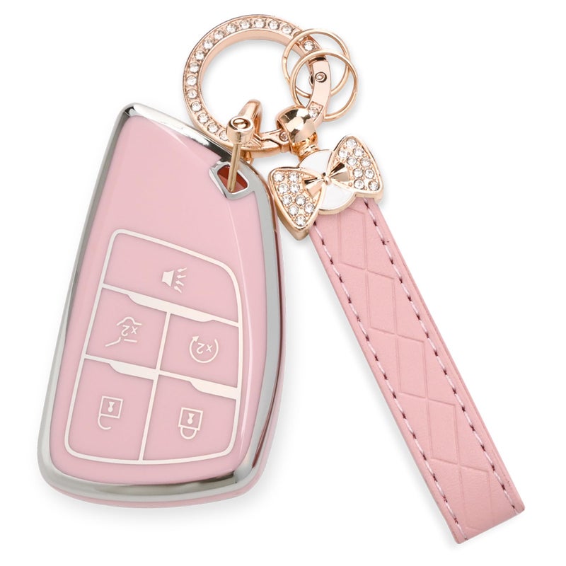 JAMCARI for Chevy Key Fob Cover - Soft TPU Protection Case with Keychain for 2021-2025 Chevy Suburban Tahoe GMC Yukon Denali Silverado Buick Enclave Smart Remote Key Shellï¼ˆ5 Buttons Pinkï¼‰ - Image 1