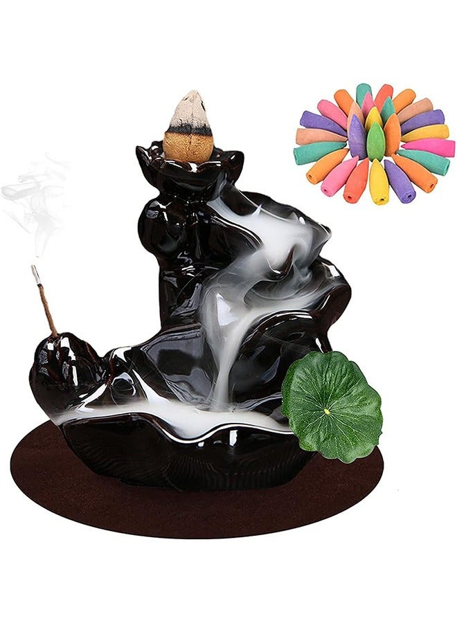 LENND Waterfall Incense Holder Backflow Cone Ceramic Burner Handcrafted Porcelain Censer Incense Stick Stand with 20 Free Cones - Image 1