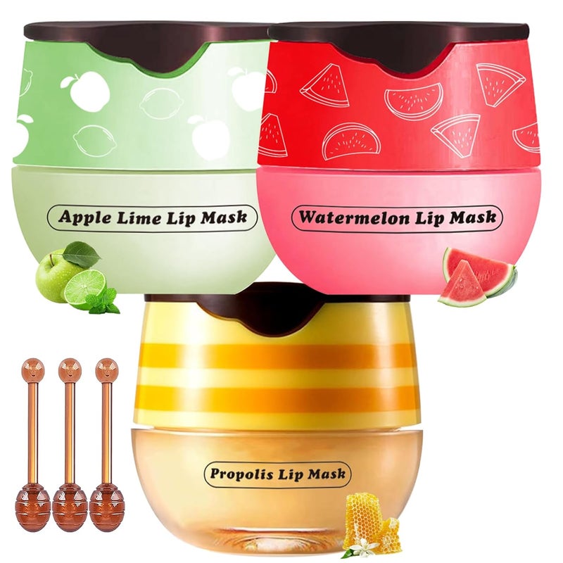 Loobexery Honey Lip Balm Pot 3 Pcs Honey  Apple Lime  Watermelon Lip Mask Propolis Lip Mask Moisturizing Hydrating Prevention Dry and Cracked Lip Scrubs Exfoliator