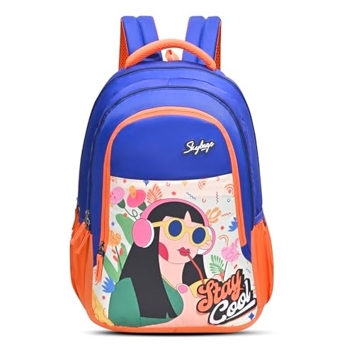 Skybags Blossom Blue Orange 36L School Bag for Girls, Backpack for Kids & Women with 3 Compartments, Bottle Holders & Air Mesh Back | Trendy Backpack for School - Image 1