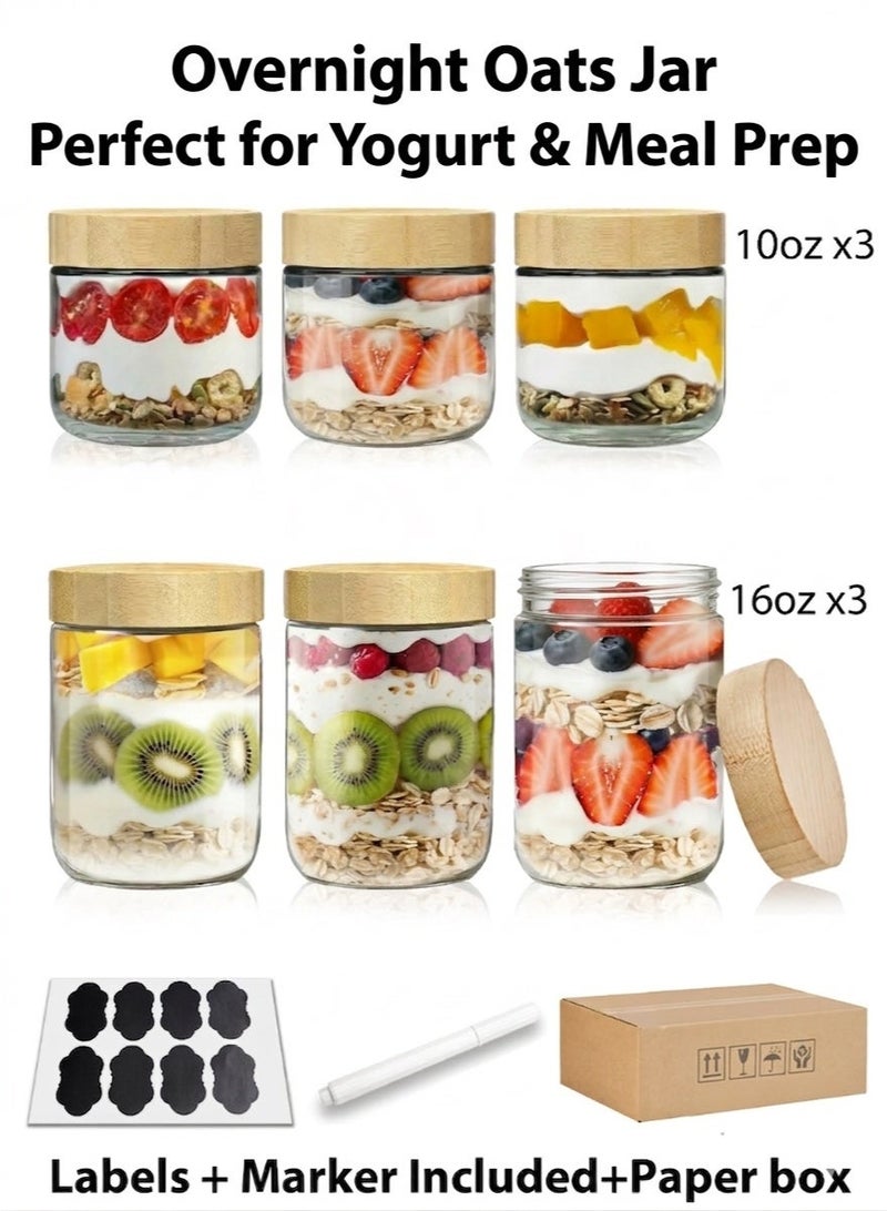برطمانات زجاجية للشوفان الليلي والزبادي مع أغطية من الخيزران – مجموعة 6 قطع لحفظ الطعام بإحكام، مثالية للسلطة وتحضير الوجبات مع ملصقات وقلم - Image 1