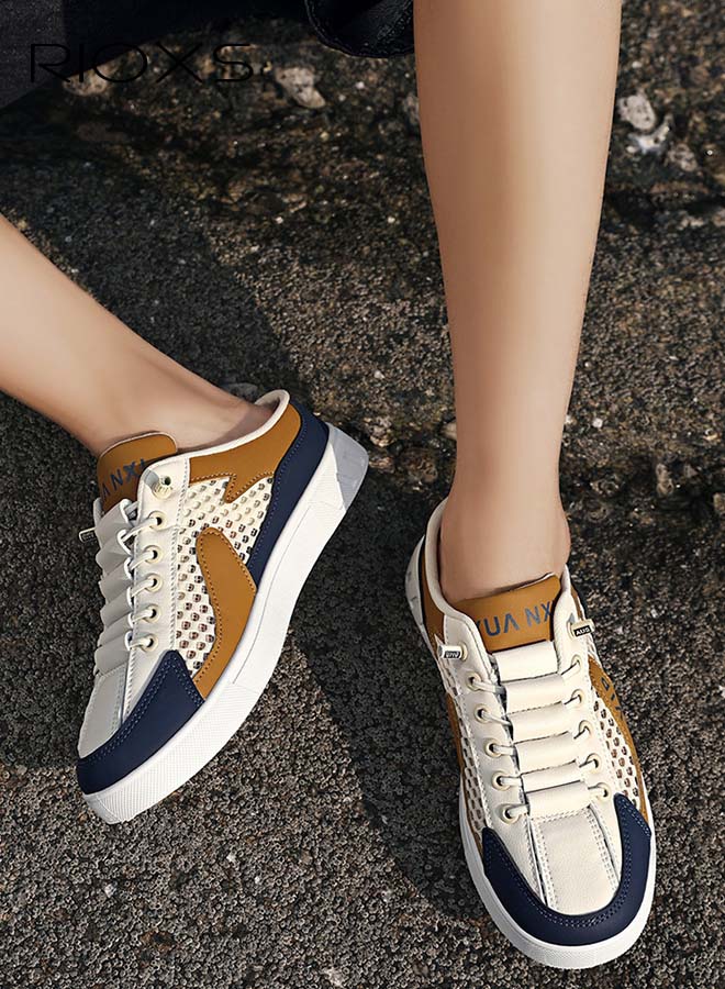 RIOXS Mules for Men, Lightweight Men's Backless Tennis Shoes, Breathable Mesh Closed Round Toe Half Drag Sneakers, Classic Men's Backless Sneakers, Anti-Slip Comfy Mesh Clogs Mules, Casual Walking Slides Office Business Casual Sport Shoes for Daily Wear Running Travel Driving, Beige Blue - Image 1