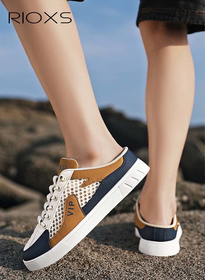 RIOXS Mules for Men, Lightweight Men's Backless Tennis Shoes, Breathable Mesh Closed Round Toe Half Drag Sneakers, Classic Men's Backless Sneakers, Anti-Slip Comfy Mesh Clogs Mules, Casual Walking Slides Office Business Casual Sport Shoes for Daily Wear Running Travel Driving, Beige Blue - Image 2