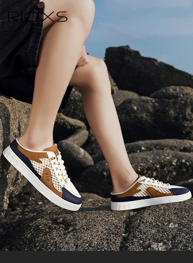 RIOXS Mules for Men, Lightweight Men's Backless Tennis Shoes, Breathable Mesh Closed Round Toe Half Drag Sneakers, Classic Men's Backless Sneakers, Anti-Slip Comfy Mesh Clogs Mules, Casual Walking Slides Office Business Casual Sport Shoes for Daily Wear Running Travel Driving, Beige Blue - Image 3