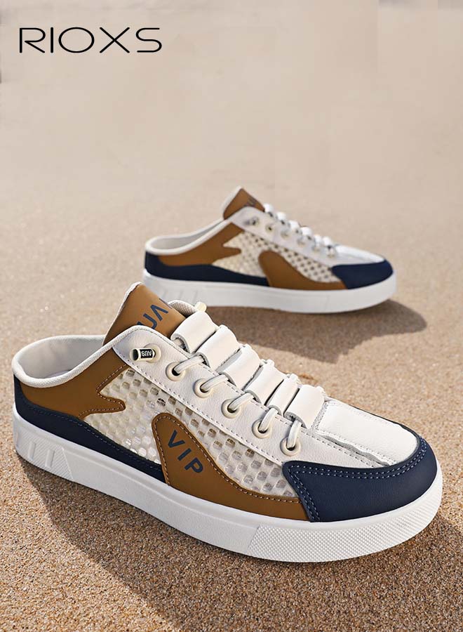 RIOXS Mules for Men, Lightweight Men's Backless Tennis Shoes, Breathable Mesh Closed Round Toe Half Drag Sneakers, Classic Men's Backless Sneakers, Anti-Slip Comfy Mesh Clogs Mules, Casual Walking Slides Office Business Casual Sport Shoes for Daily Wear Running Travel Driving, Beige Blue - Image 5