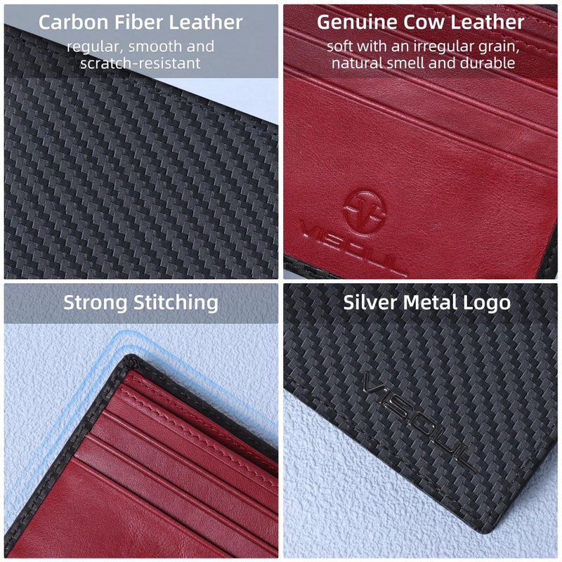 VISOUL Wallet for Men with 2 ID Windows 8 Credit Card Slots 2 Cash Compartments, Carbon Fiber Leather Bifold Mens Wallet with RFID Blocking (Carbon Fiber Black+Burgundy) - Image 3