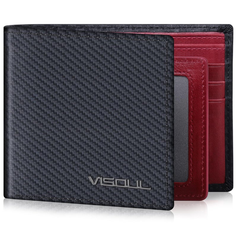 VISOUL Wallet for Men with 2 ID Windows 8 Credit Card Slots 2 Cash Compartments, Carbon Fiber Leather Bifold Mens Wallet with RFID Blocking (Carbon Fiber Black+Burgundy) - Image 1