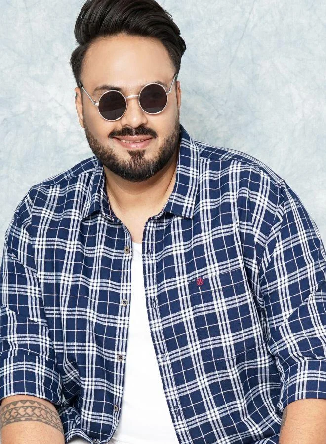 Men Plus Size Regular Fit Checkered Cutaway Collar Full Sleeves Casual Shirt