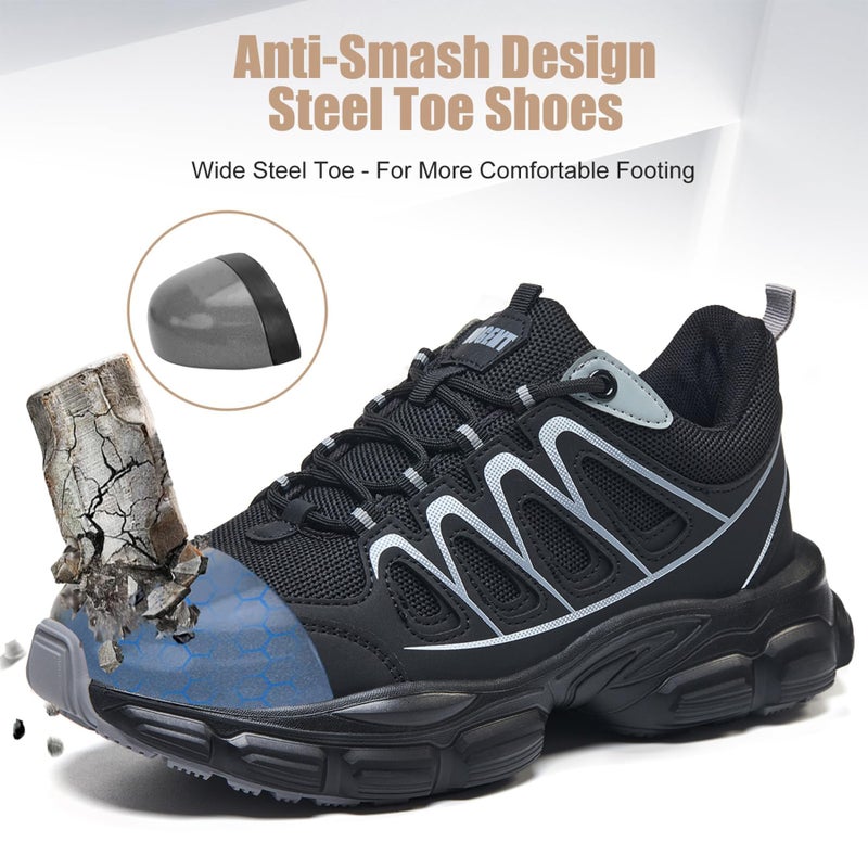 Hogent Steel Toe Shoes for Women Men Wide Non Slip Composite Work Sneakers Indestructible Comfortable Safety Tennis Shoes Lightweight Breathable Construction Sneakers Puncture Proof Ergonomic Design - Image 3