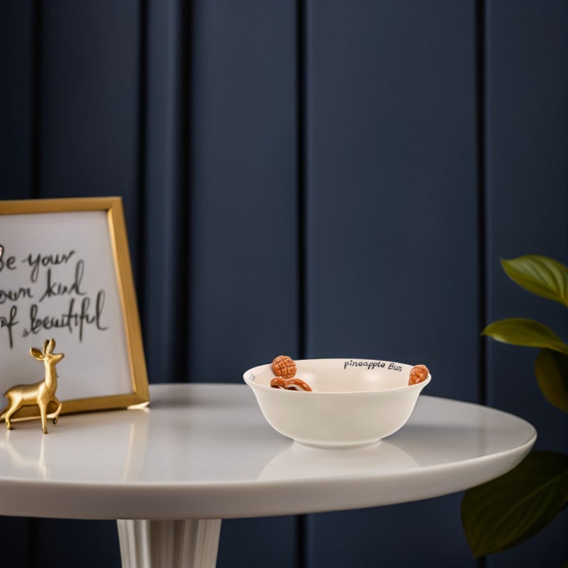 Porcelain Serving Bowl: Cute Ceramic Mixing Dish - Inside Embossed Bowl for Salads Spaghetti Dessert Veggie and Fruits, Dishwasher Safe - Image 3