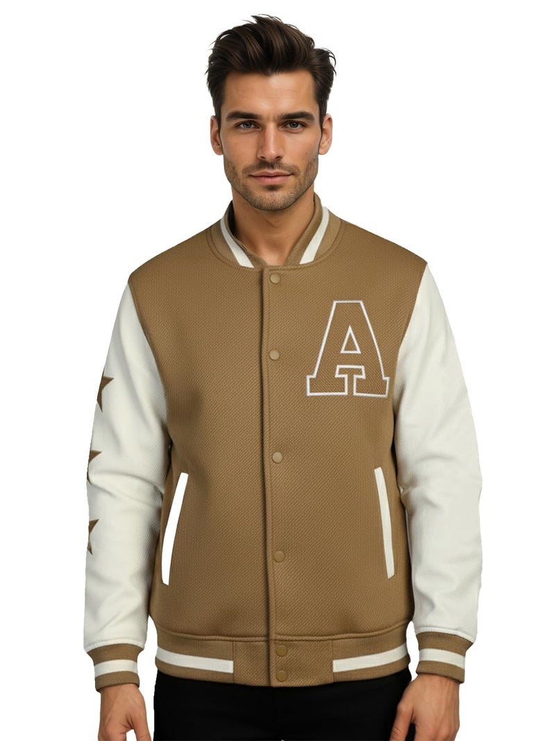 CHKOKKO Men’s Regular Varsity Jacket with Snap Button Closure and Patch Design Trendy Comfortable Outerwear for College Travel and Casual Wear Camal Cream L - Image 1