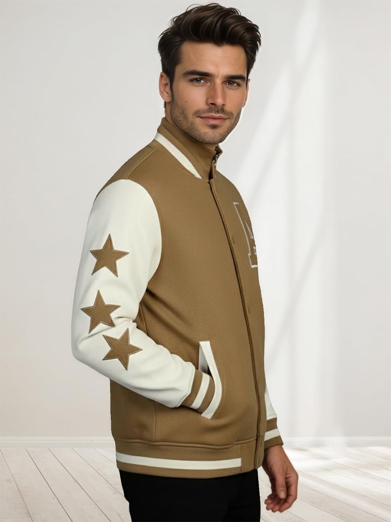 CHKOKKO Men’s Regular Varsity Jacket with Snap Button Closure and Patch Design Trendy Comfortable Outerwear for College Travel and Casual Wear Camal Cream L - Image 4
