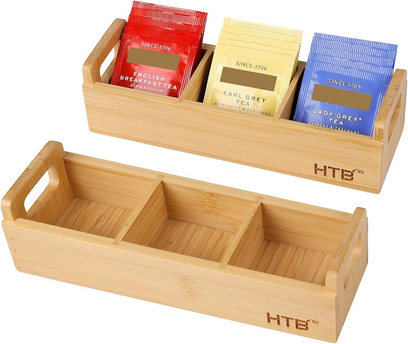 HTB Small Tea Bag Holder Pack of 2, Bamboo Tea Organizer 3 Compartments for Beverage Suppliers, Sweeteners, Individual Packets, Portable Tea Bag Organizer for Home Kitchen Counter or Office - Image 1