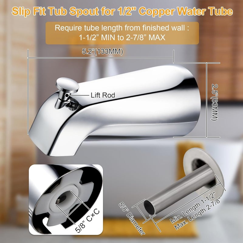 Dreyoo Slip On Diverter Tub Spout with Metal Cover Ring and Foam Gasket, Compatible with Kohler GP85556-CP, Bathroom Bathtub Faucet Set Replacement Fits 1/2'' Copper Water Tube (Polished Chrome) - Image 2