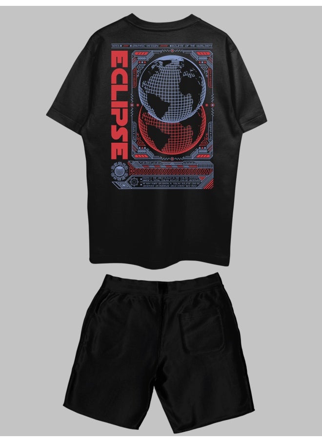 THREADCURRY - THREADCURRY Eclipse of Worlds Printed Co-ord Set for Men - Half Sleeve Oversized T-Shirt and Shorts - Image 1