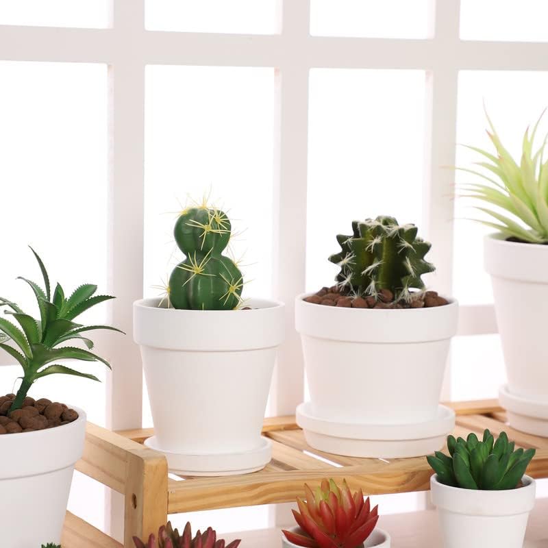 Yishang أواني تيرا كوتا بيضاء مع صحن - 6 عبوات من الأواني الطينية الصغيرة 4'' أواني خزفية لزراعة الصبار وأواني الزهور وأواني العصارة مع فتحة تصريف - رائعة للنباتات ومشاريع الحرف اليدوية - Image 5