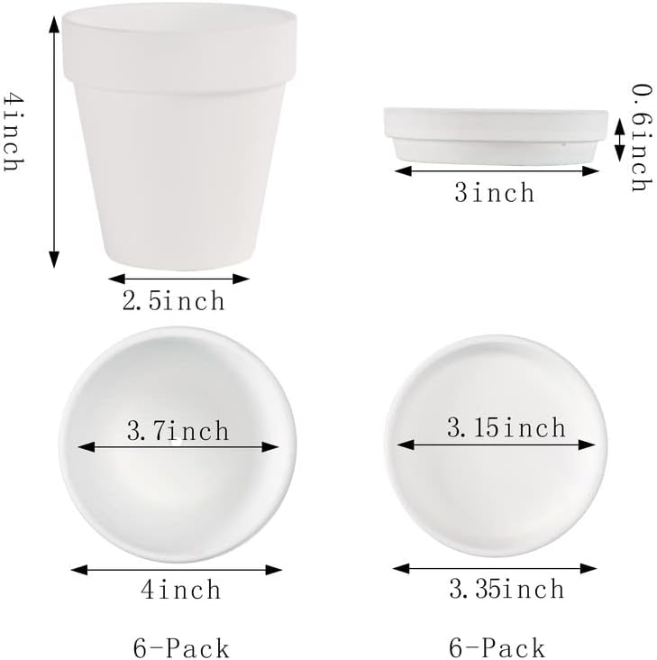 Yishang أواني تيرا كوتا بيضاء مع صحن - 6 عبوات من الأواني الطينية الصغيرة 4'' أواني خزفية لزراعة الصبار وأواني الزهور وأواني العصارة مع فتحة تصريف - رائعة للنباتات ومشاريع الحرف اليدوية - Image 2