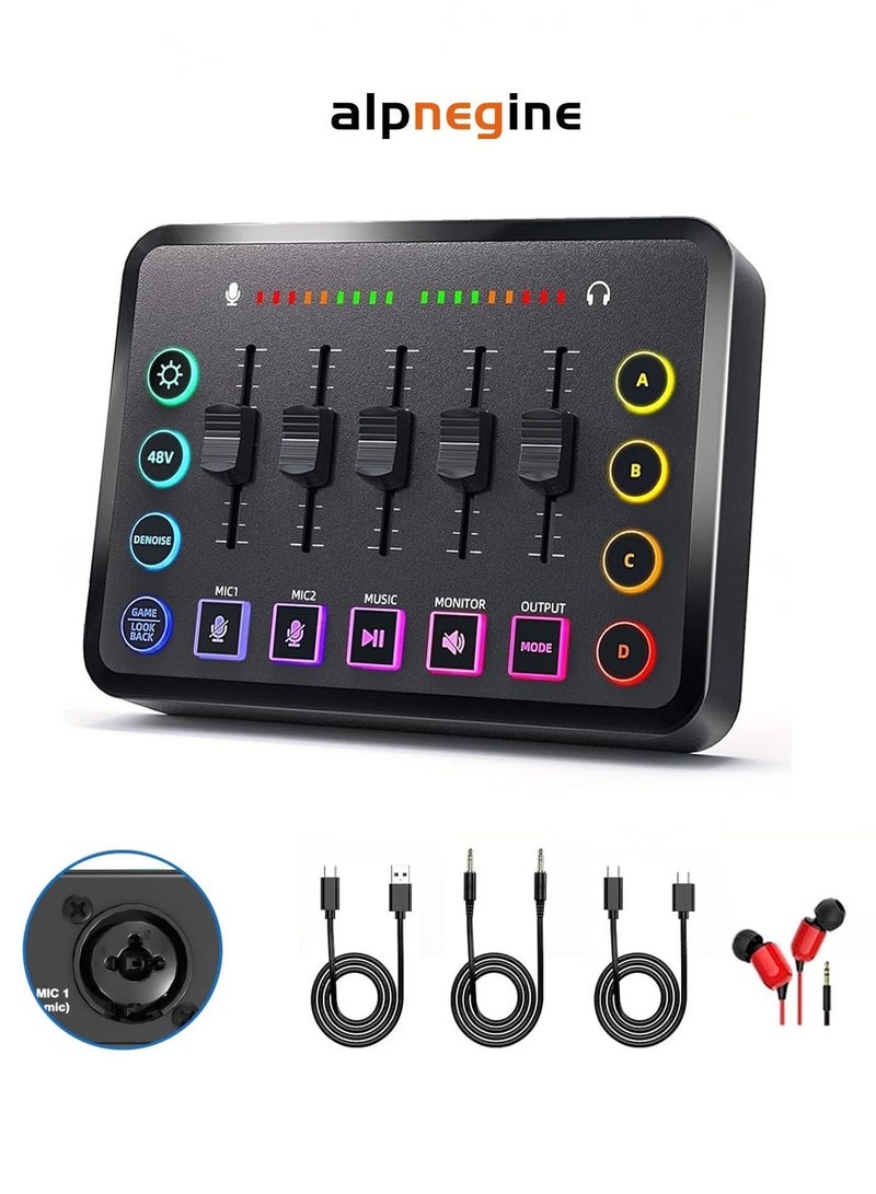 ALPNEGINE HD Gaming Audio Mixer, DJ Mixer with XLR Mic Interface for Streaming, Individual Control,Volume Fader,Mute Button,Real-time Monitor,Customized Ambience Effect for Podcast/Game/Tiktok/Youtube - Image 1