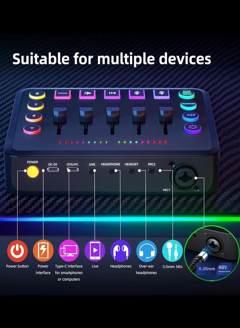 ALPNEGINE HD Gaming Audio Mixer, DJ Mixer with XLR Mic Interface for Streaming, Individual Control,Volume Fader,Mute Button,Real-time Monitor,Customized Ambience Effect for Podcast/Game/Tiktok/Youtube - Image 2