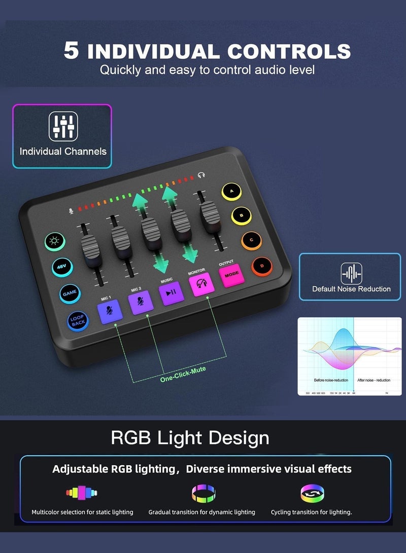 ALPNEGINE HD Gaming Audio Mixer, DJ Mixer with XLR Mic Interface for Streaming, Individual Control,Volume Fader,Mute Button,Real-time Monitor,Customized Ambience Effect for Podcast/Game/Tiktok/Youtube - Image 3