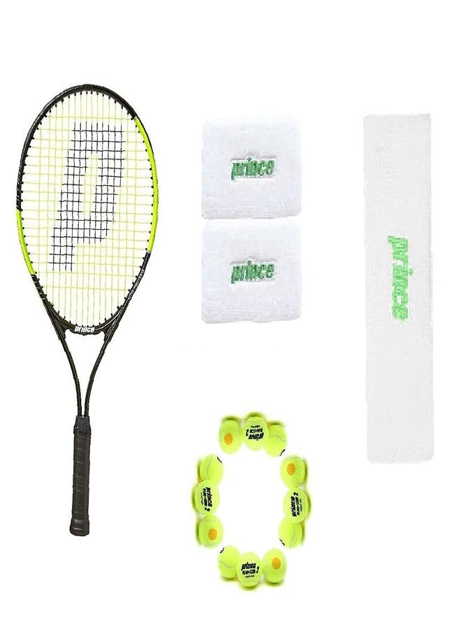 برنس مضرب تنس برينس ثاندر 26، كرة تنس برينس ستيج 2 برتقالية قياسية، 12 كرة مع سوار معصم أخضر/أبيض وسوار رأس أبيض/أخضر - Image 2